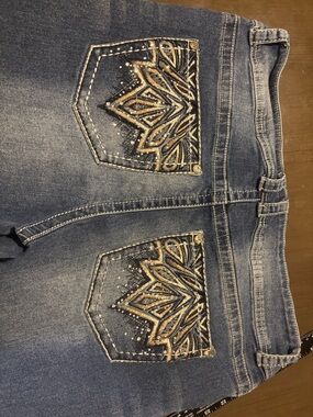 Copper Fit Blue Boot Cut Women's Jeans with Gold Embroidered Back Pockets